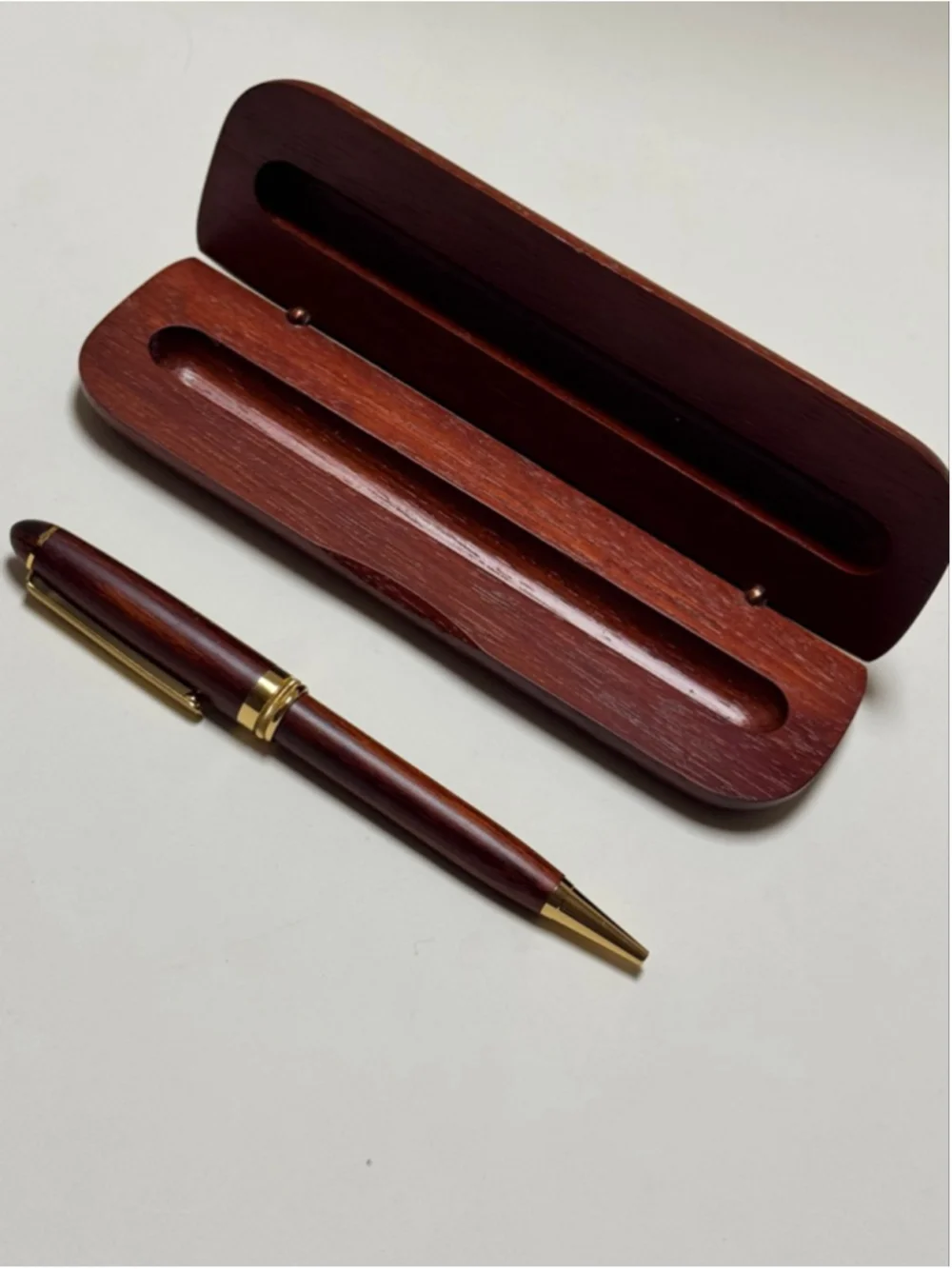 Carved Rose Wood Ballpoint Pen Gold Band Greek Key Design With Wooden Case